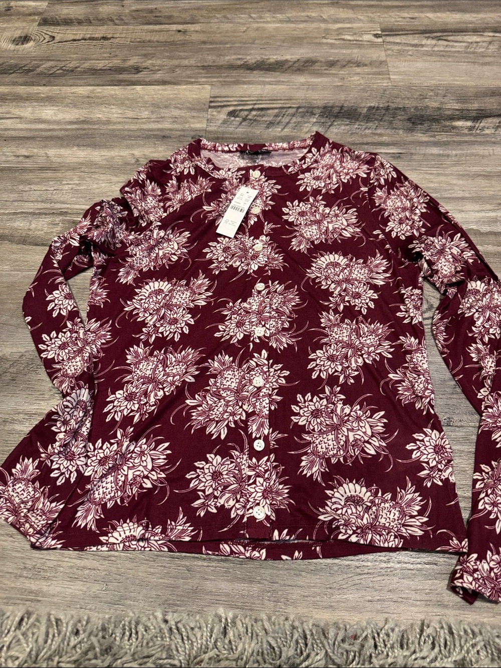 Women's Floral Button-Front Long Sleeve Top - Burgundy tencel fabric
